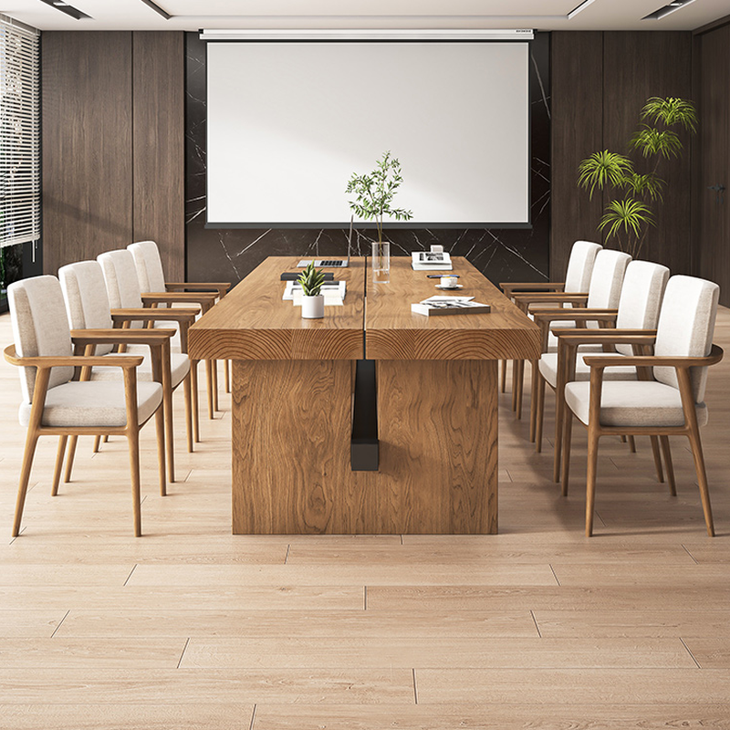Light Natural Brown Simplistic Office Conference Table with Twist-resistant Rectangular Top for 6/8/10-person Seating in Solid Wood