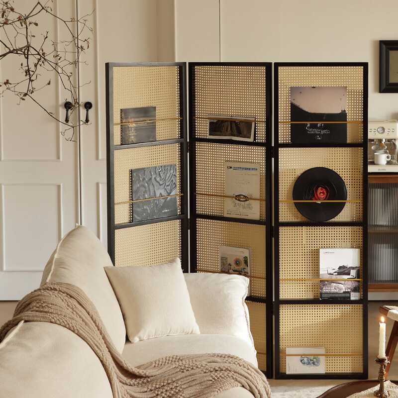 Simplistic Indoor Translucent Folding Room Divider Wall with Shelf and Rattan Screen