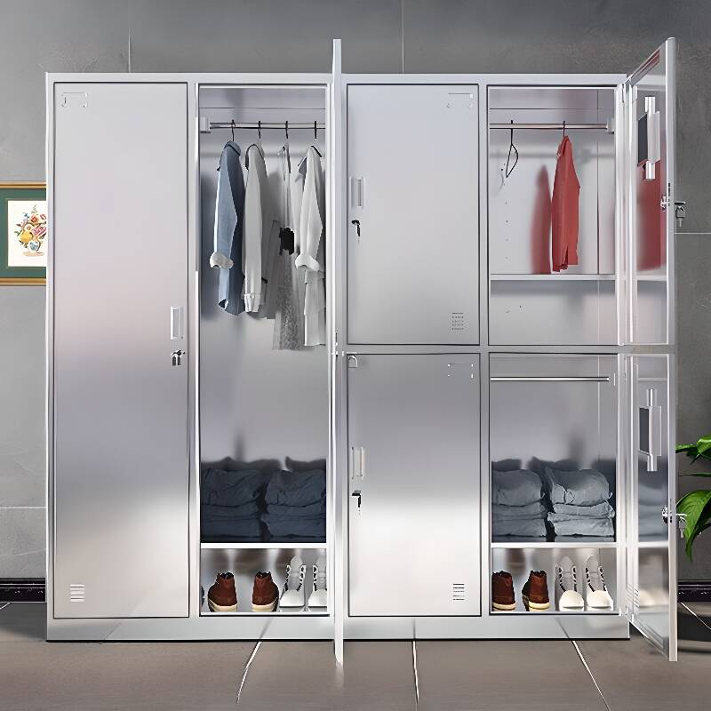 Metallic Stainless Steel 6 or more/5-tier/4-layer Gym & Locker Room Lockers with Key Locking Mechanism, 10 or More Compartments/9 Compartments/8 Compartments, 3-Wide/2-Wide, and Locker Base