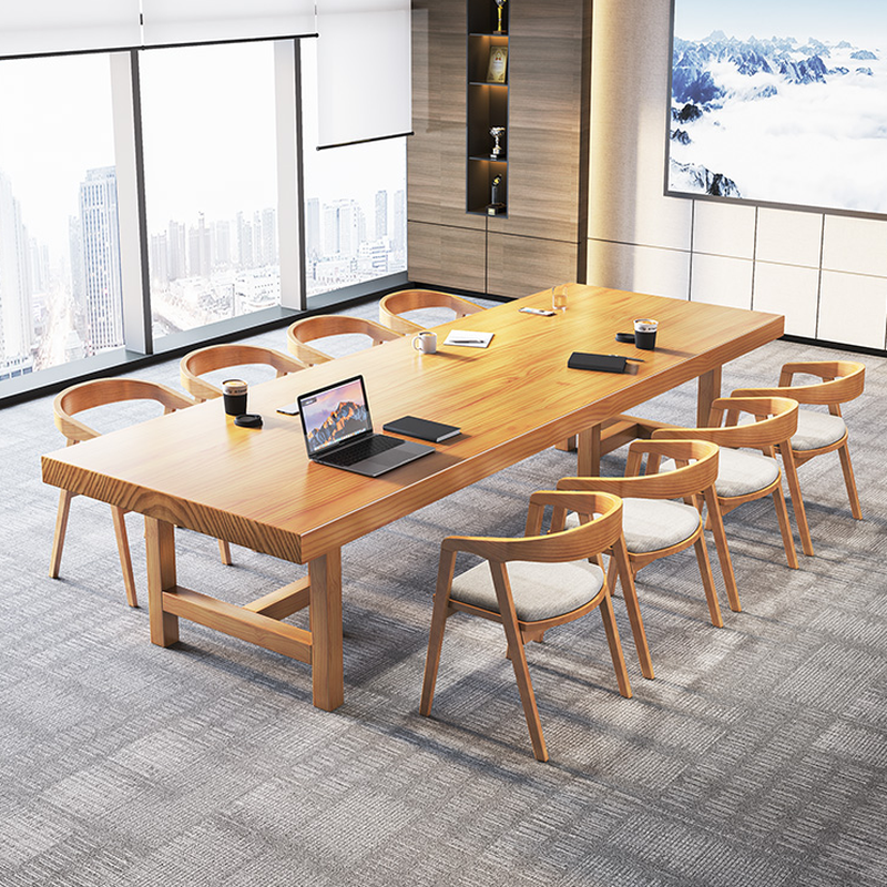Natural Finish Minimalist Conference Room Table, Distortion-resistant Rectangle for 6-person Seat/4-person Seat/for 8, Solid Wood Tabletop