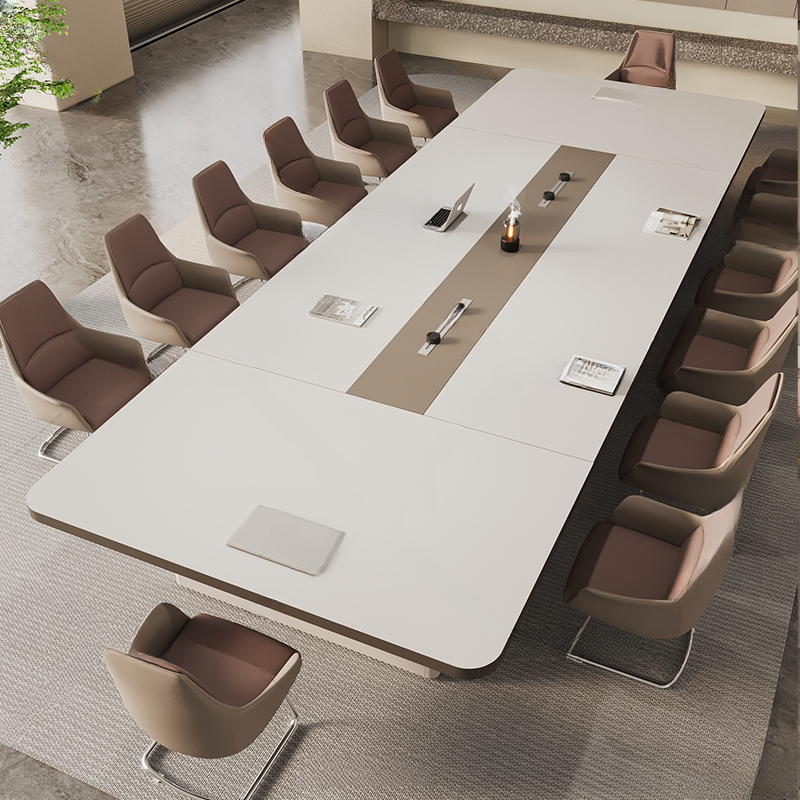Ivory Simplistic Office Conference Table with Twist-resistant Rectangular Top for Seats 12+ in Faux Wood