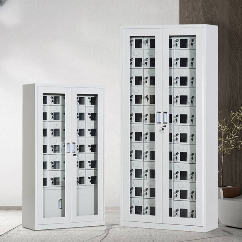 Light Gray 6 or more/5-tier/4-layer Cell Phone Lockers with Key Locking Mechanism, Clear Doors, 10 or More Compartments/9 Compartments/6 Compartments, 5-Wide or more/3-Wide, and Locker Base