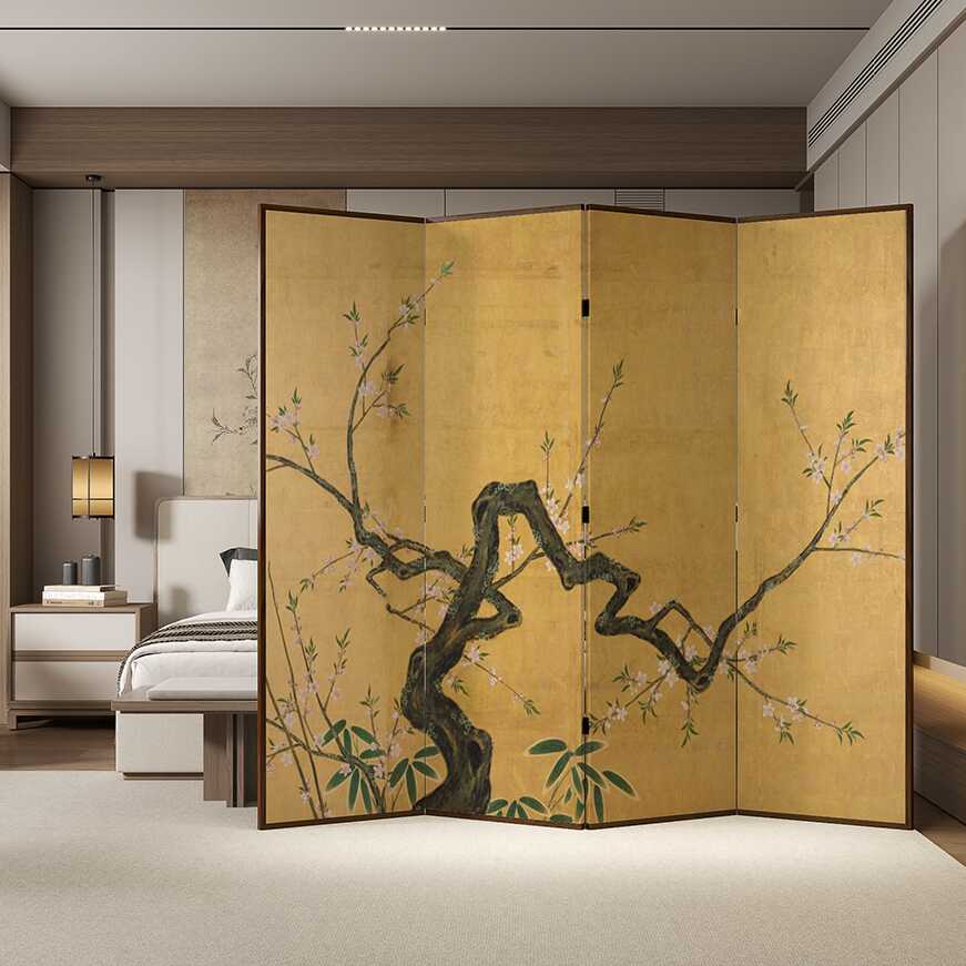 Room Divider Wall in Lemon Colour for Indoor Use with Opaque Folding Pine Wood Frame, Double Sided Print