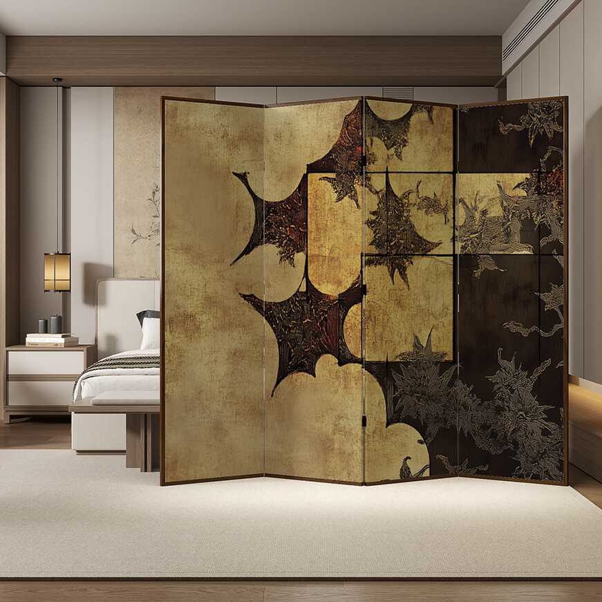 Auburn Indoor Opaque Folding Room Divider Wall with Natural Wood Frame, 4 Panels, and Double Sided Print