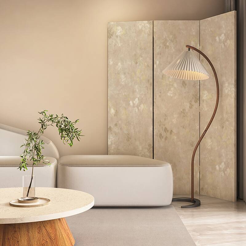 Cream Indoor Opaque Folding Room Divider Wall with Natural Wood Frame, 3 Panels, and Double Sided Print