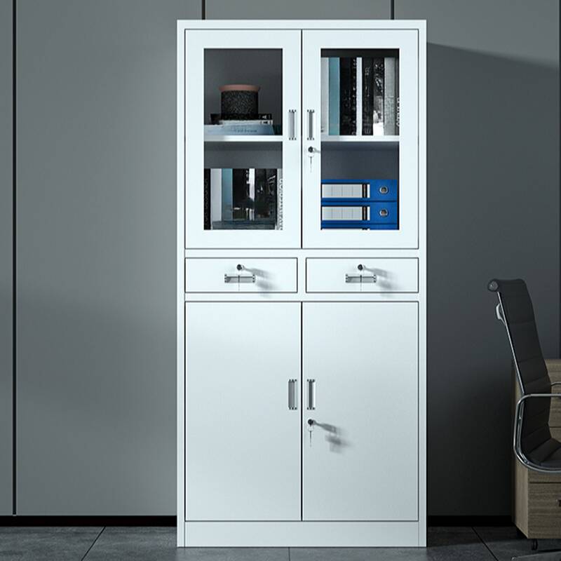 White Steel Office Storage Furniture with Drawers and Locker, Featuring Variable Shelf and Locking Door, 2-Wide