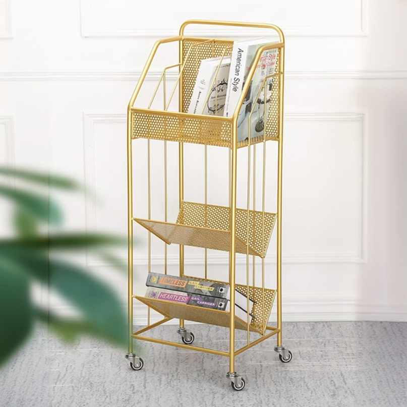 Lavish Gold Magazine Organizer with Iron Shelves, 11 To 15 in Length, 10 in & Above Height, Freestanding