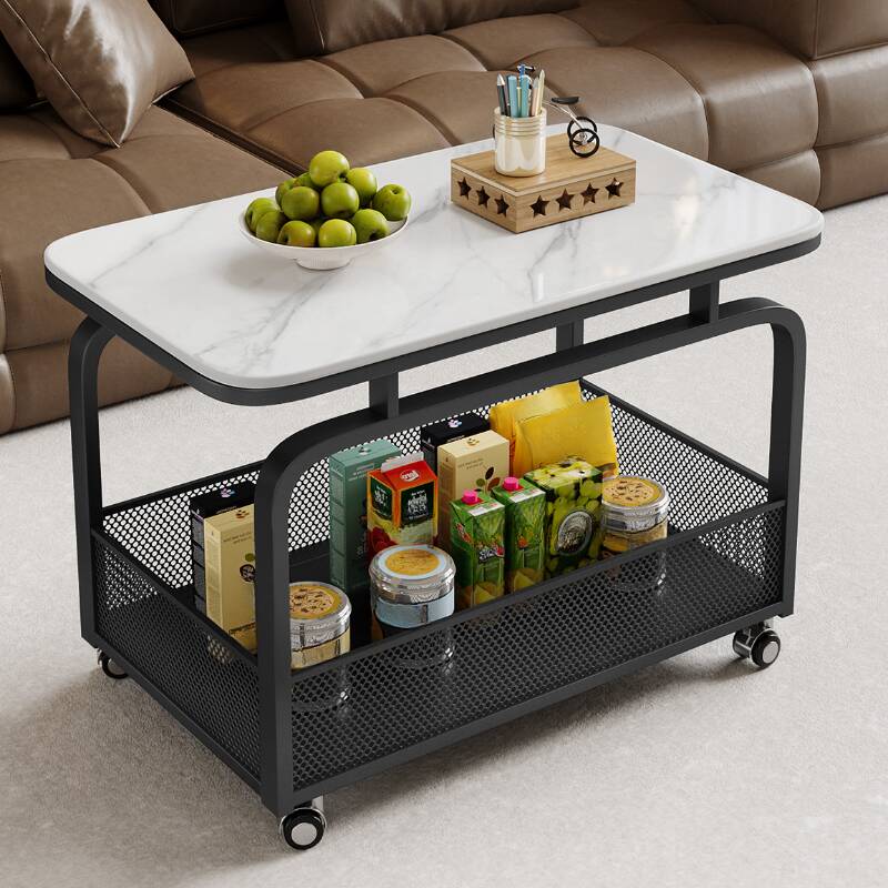 Simple Wheeled Sintered Stone Square/Rectangle Chairside Table with 4 Legs and Shelf, Table Only