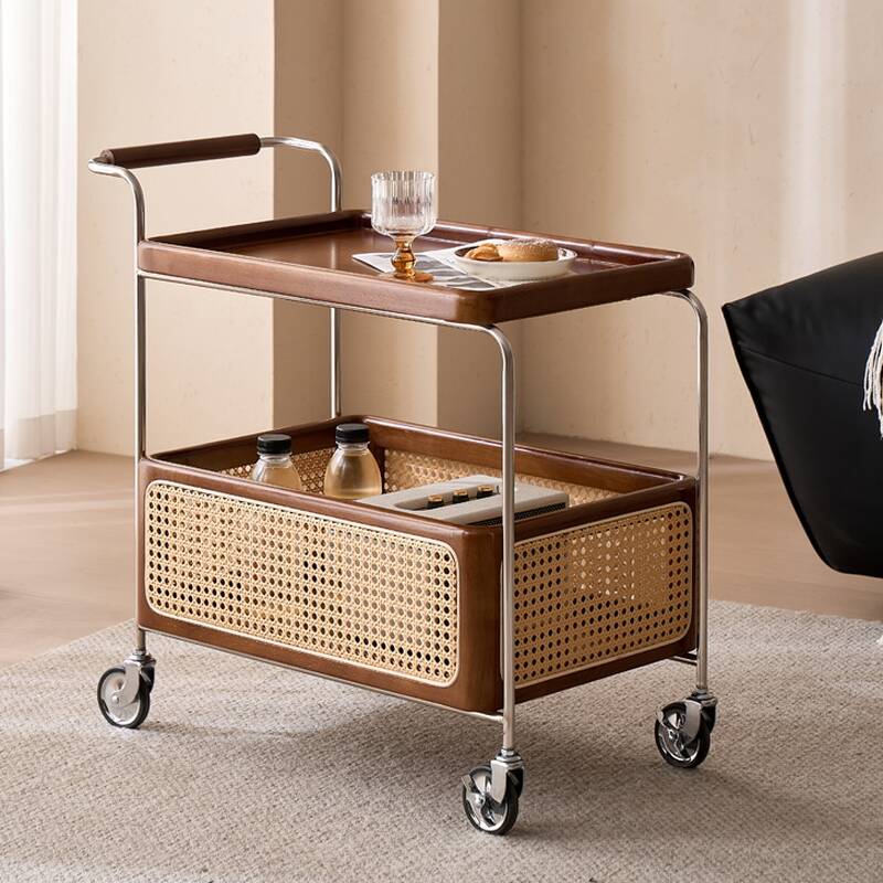 Versatile Natural Wood Chairside Table with Wheel Base, Ink/Caramel/Natural Colour, Roller Wheels, Rectangle Tray Top, and Shelf