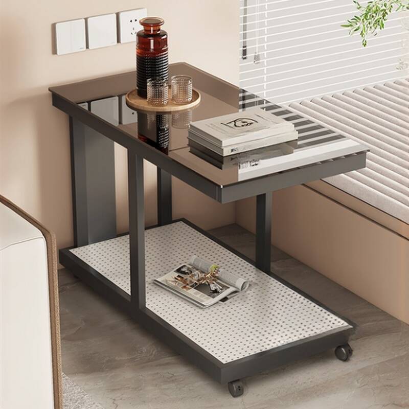 Simple Style Chairside Table with Vitreous/Marble Top, 4 Legs, Roller Wheels, Rectangle Shape, and Shelf