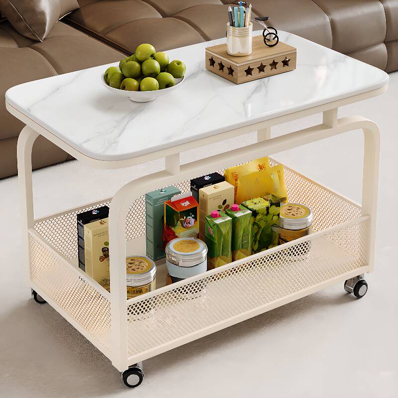 Simple Chairside Table Only with Sintered Stone Top, Wheel Base, Roller Wheels, Square/Rectangle Shape, and Shelf