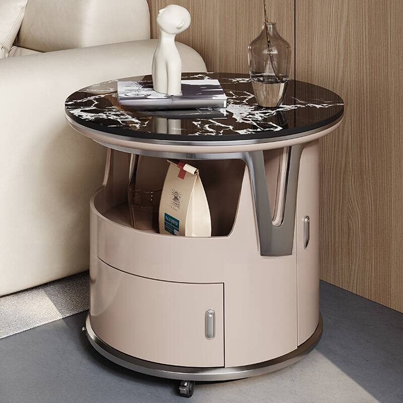 Round Ink/White Stool Table with Wheel Base, Roller Wheels, Compartment, Locker, and Door