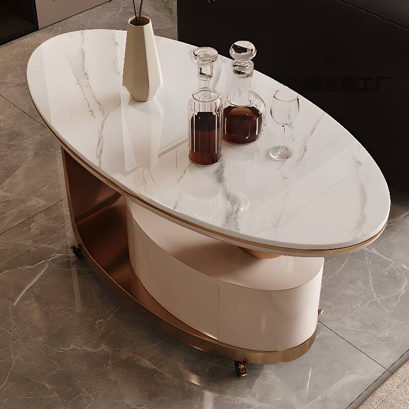 Simple Elliptical White Sintered Stone Stool Table with Wheel Base and Roller Wheels Compartment