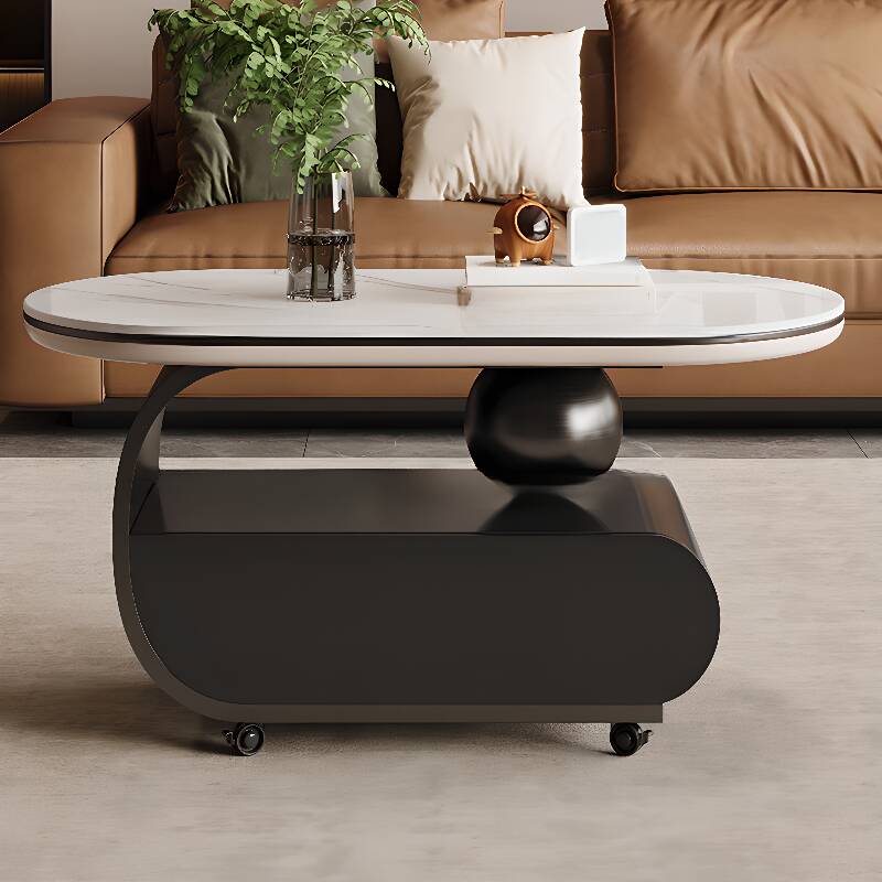 Simple Stone Elliptical Wheel Coffee Table with Compartment & Wheels, Table Only
