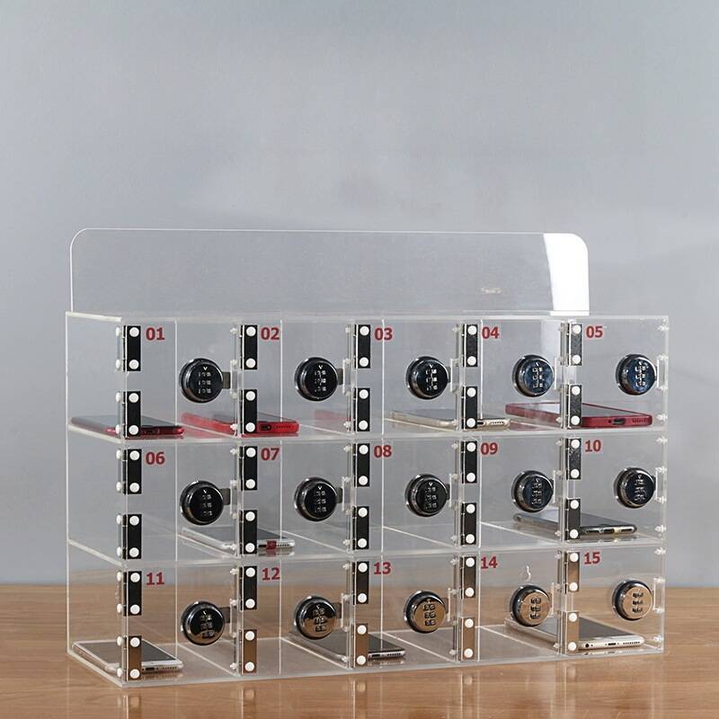 Clear Polymethyl Methacrylate 4-Layer/3-Layer Cell Phone Lockers with Clear Doors, 10 or More Compartments, 3-Wide/5-Wide or More, Includes Locker Base