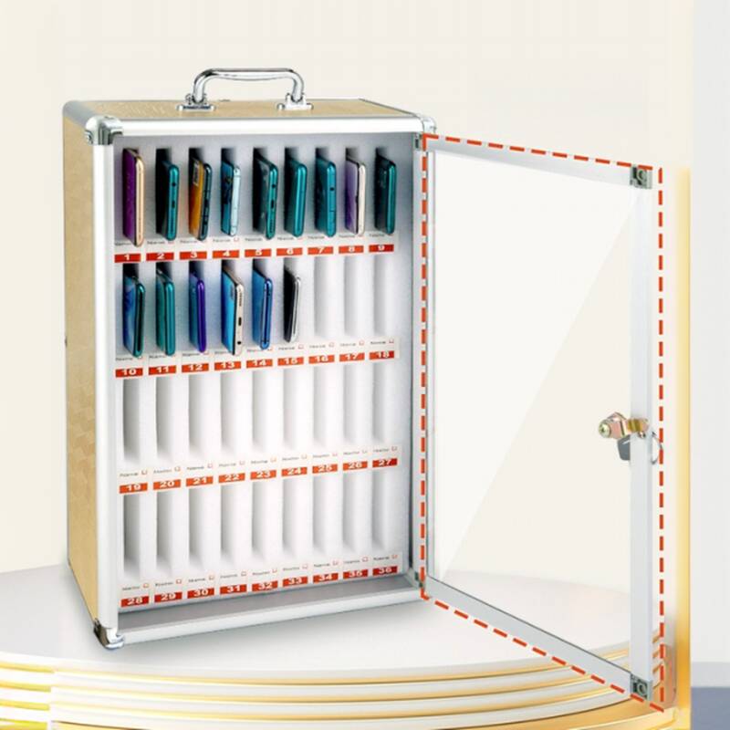 Gold Metal Cell Phone Lockers with Clear Doors, Lockable Lock, Name & Number Plate, and Locker Base