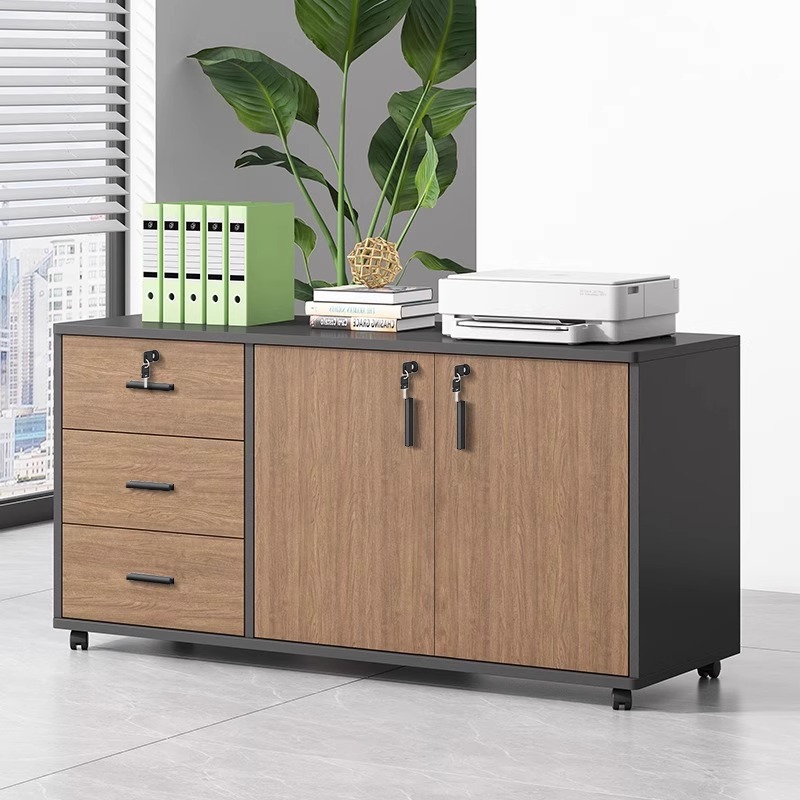 Rolling Lateral 2-Wide Key Lock Credenza Storage Cabinet with Wheel and Locker