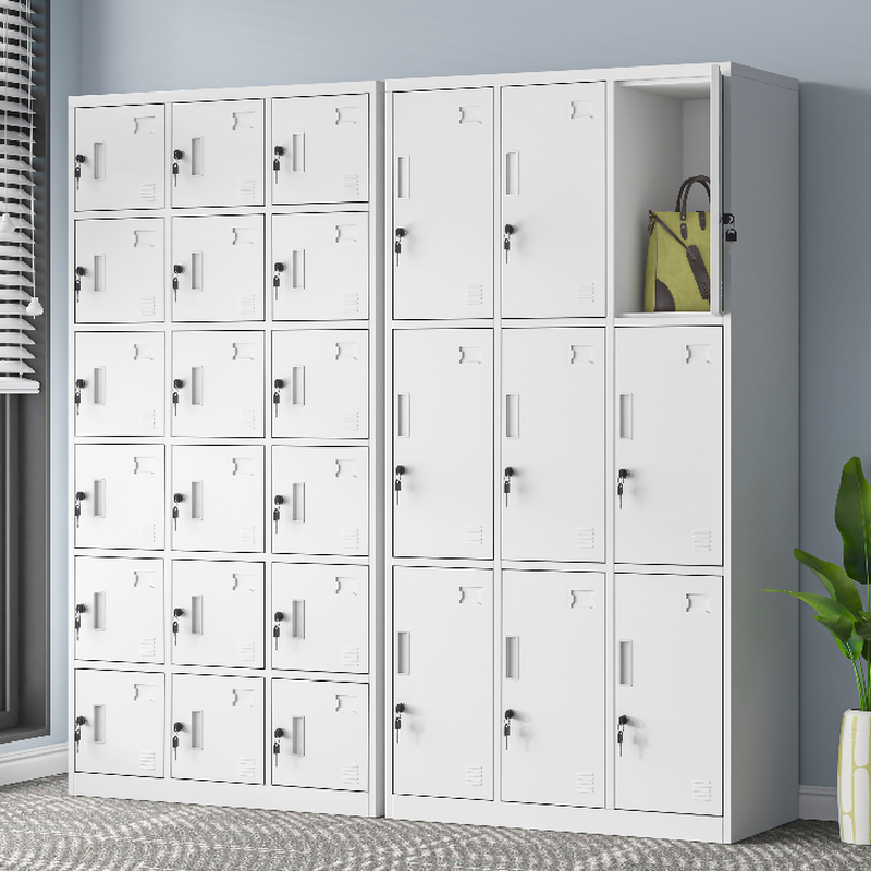 White 5-Tier Employee Lockers with Key Locking Mechanism, 10 or More Compartments, 3-Wide, Name & Number Plate, and Locker Base