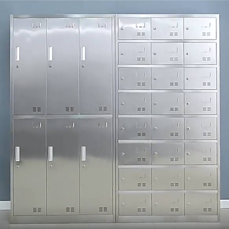 Metallic Stainless Steel Employee Lockers with 6 or more Tiers, Key Locking Mechanism, Ventilated Doors, 10 or More Compartments, and 3-Wide Design