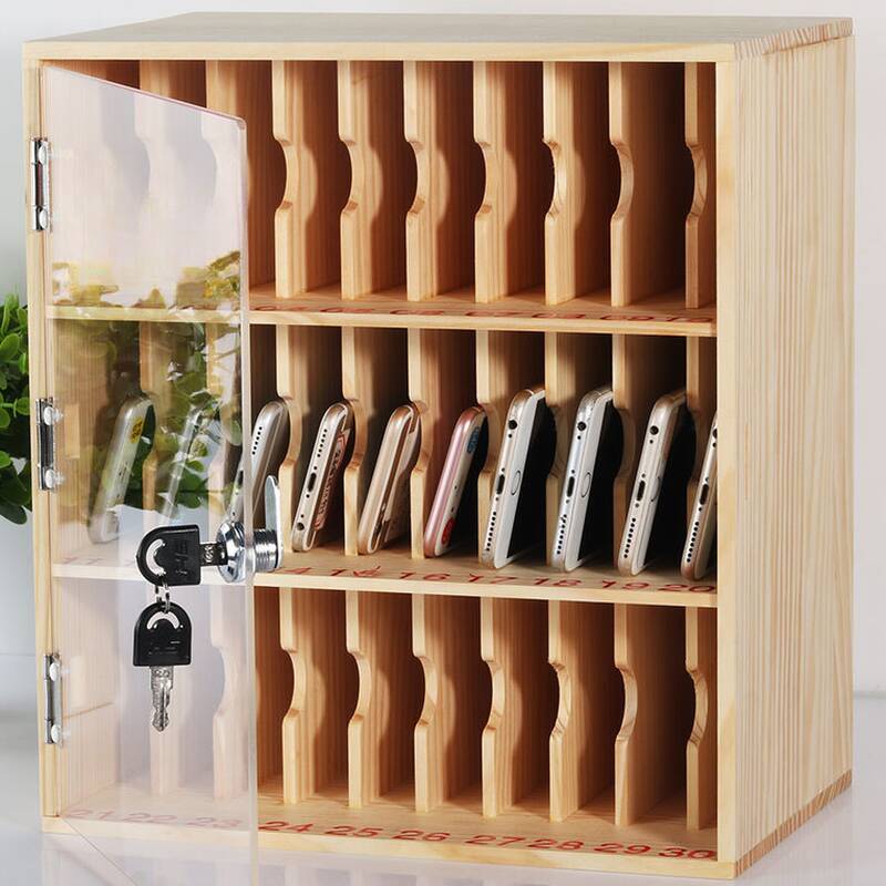 Wood Grain Modern Pine Wood Cell Phone Lockers with Clear Doors, Lockable with Lock and Name/Number Plate