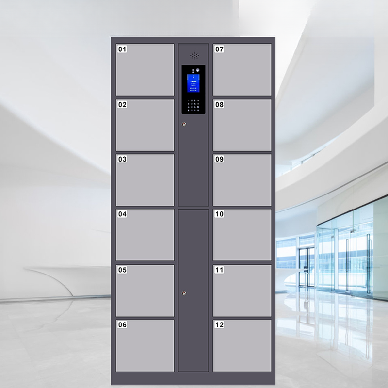 Dark Gray/Azure Steel 6 or More Tiers Commercial Lockers with 10 or More Compartments, 5-Wide, Lock and Locker Base