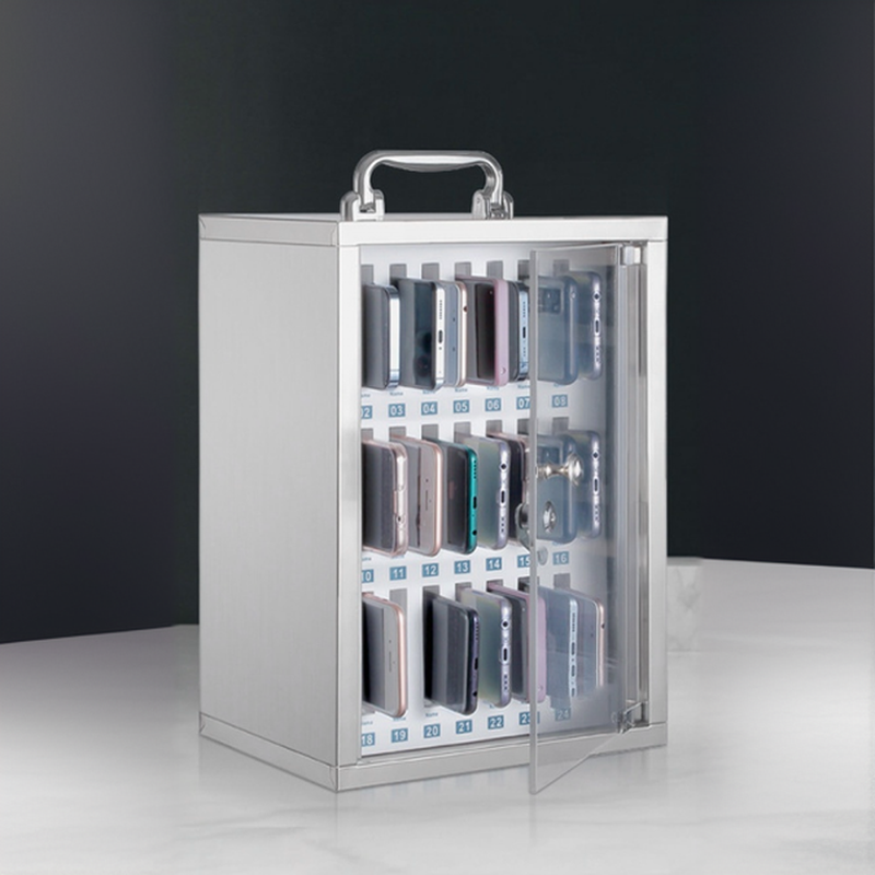 Metallic Stainless Steel Cell Phone Lockers with Key Locking, Clear Doors, and Name & Number Plate on Locker Base