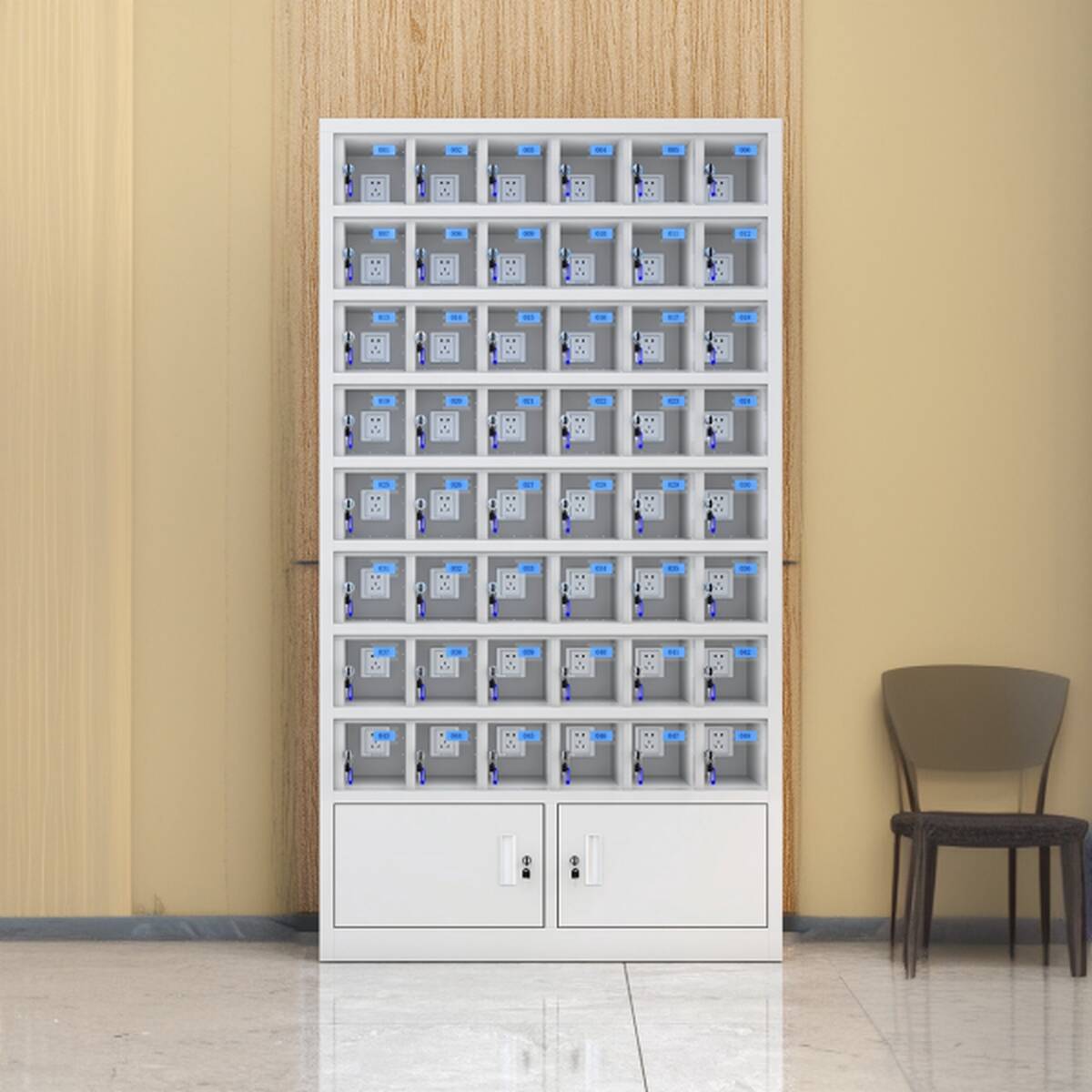 Chalk 6 or More Tier Cell Phone Lockers with Clear Doors, Featuring 10 or More Compartments, 5-Wide, with Lock and Locker Base
