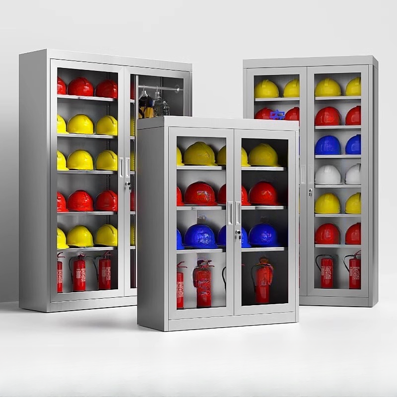 Metallic Modern Stainless Steel Employee Lockers with Clear Doors, Lockable Feature, Lock, and Locker Base