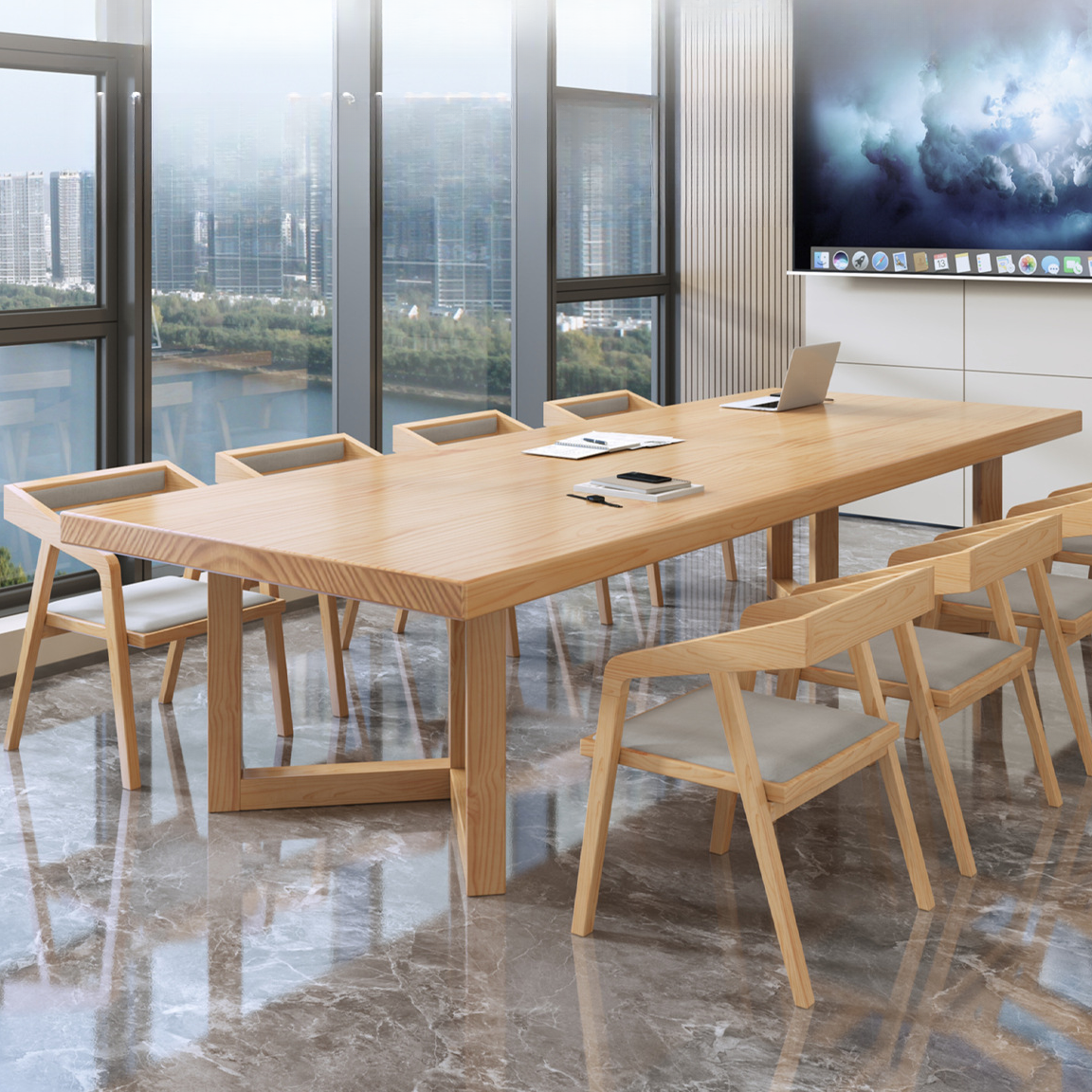 Natural Finish Modern Simple Style Meeting Table with Anti-stain Durability, Rectangular Top for 6-person Seat/Seats 8/Seating for 12, Solid Wood Tabletop