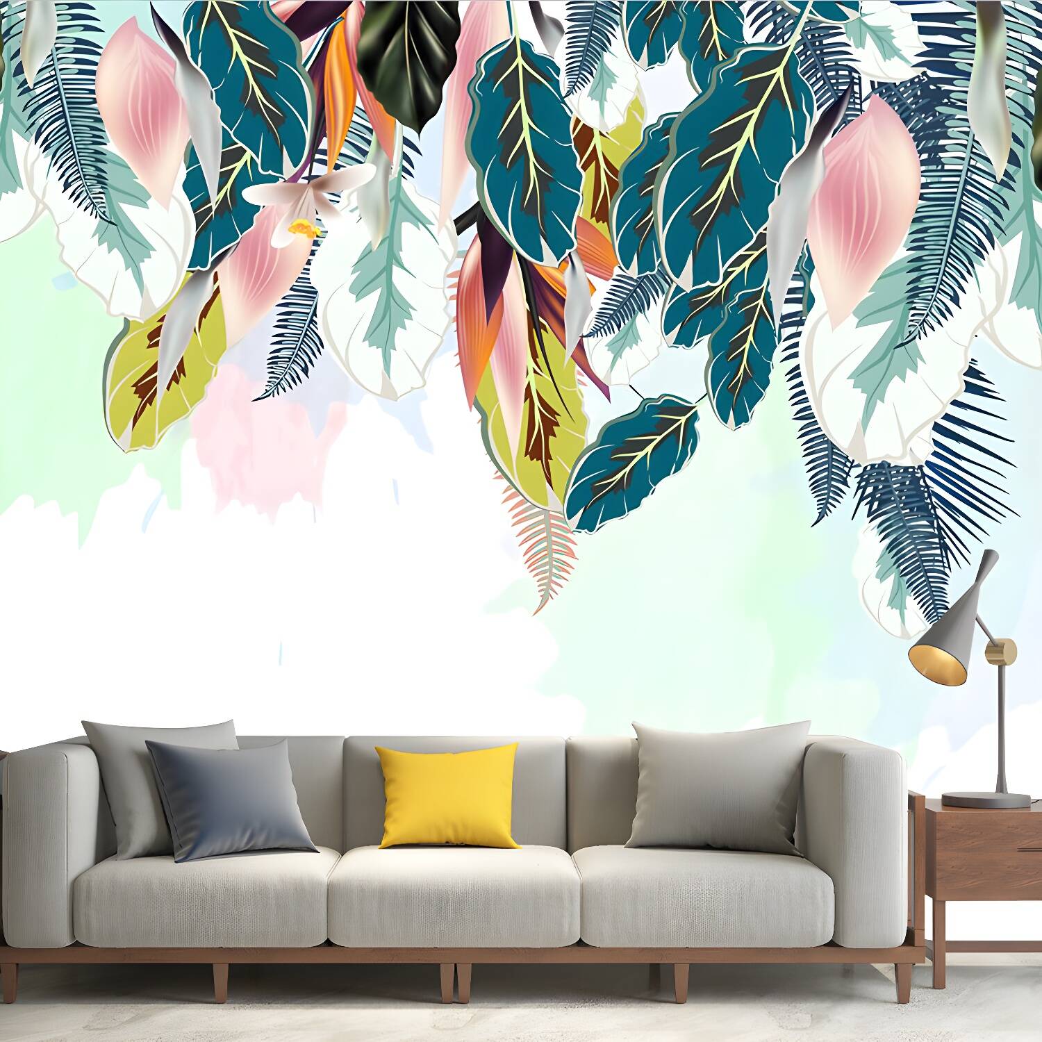 Plant Leaf Petals Mural Tropical Smooth Surface Wall Covering in Pink-Green, Non-Woven