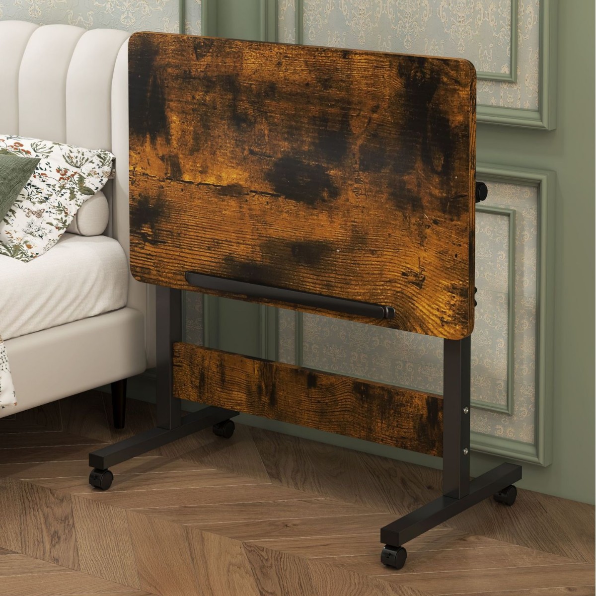 Casual/Industrial 1 Tier Laptop Cart in Engineered Wood with Adaptable Height, Swivel Wheels, and Tilt