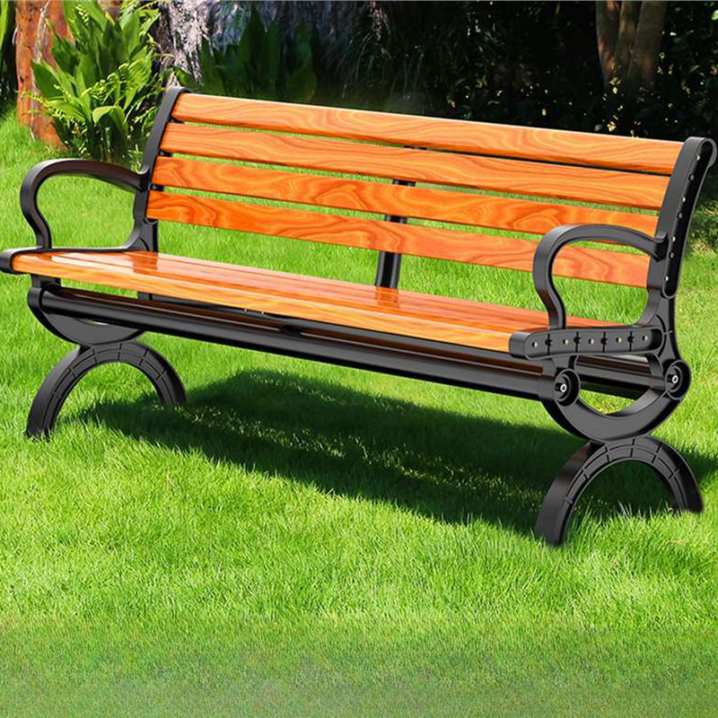 Simple Outdoor Bench with Plastic in Tan, Back, and Curved Arm