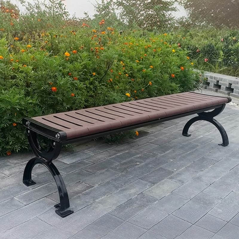 Retro Sepia Outdoor Bench with Metal Frame, Curved Arm, and Back