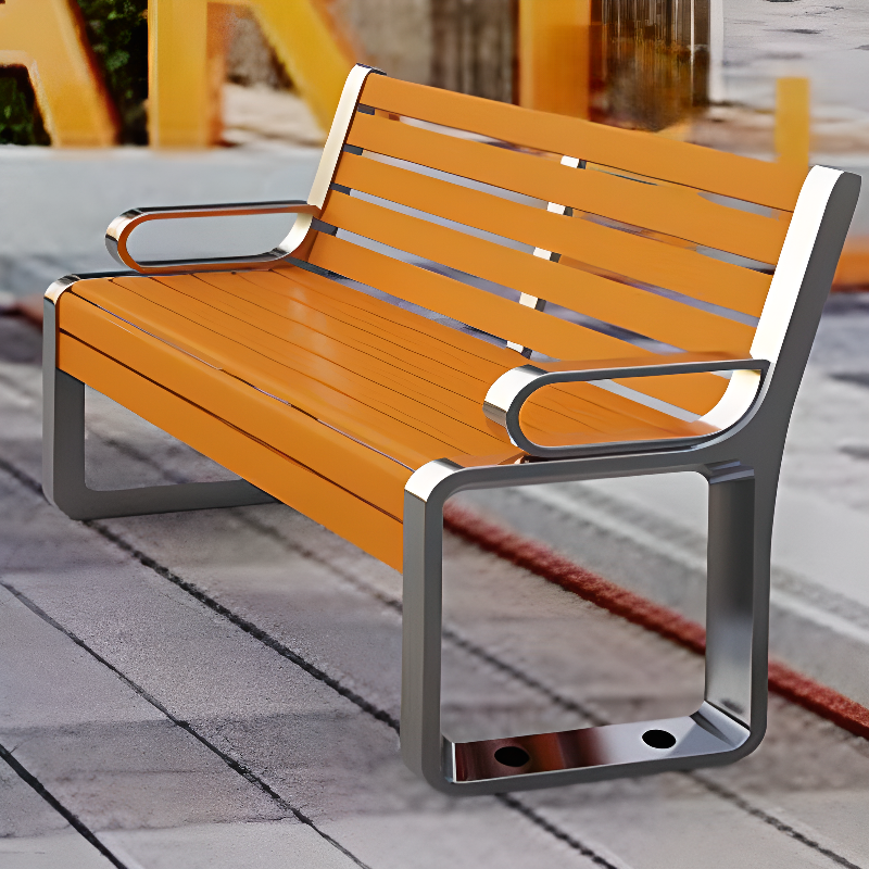 Retro Tan Engineered Wood Outdoor Bench with Back, Curved Arm, and Curved Seat