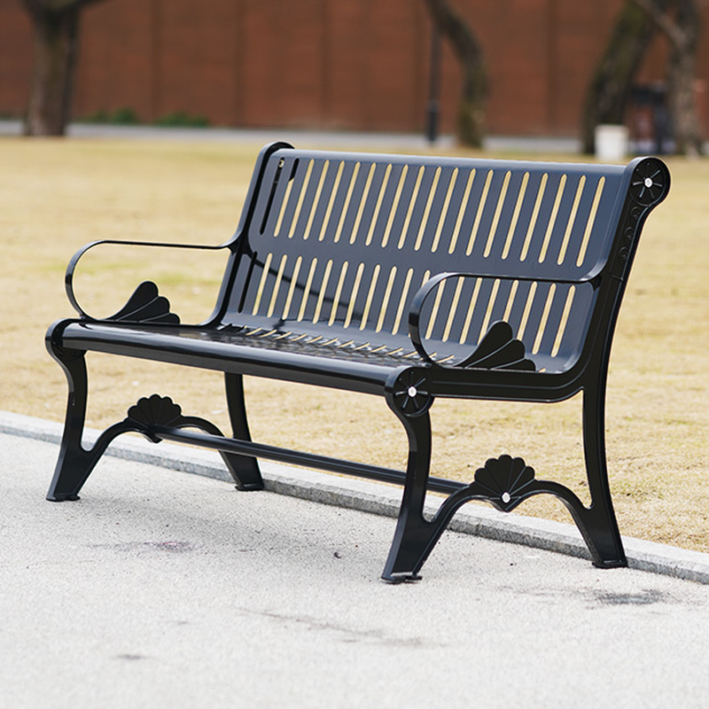 Simple Outdoor Bench with Black Alloy, Back, Curved Arm, and Curved Seat