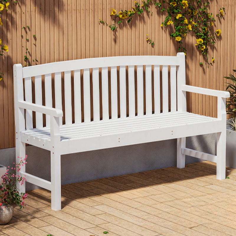 Simple White/Light Blue/Wood Grain Outdoor Bench with Straight Arm