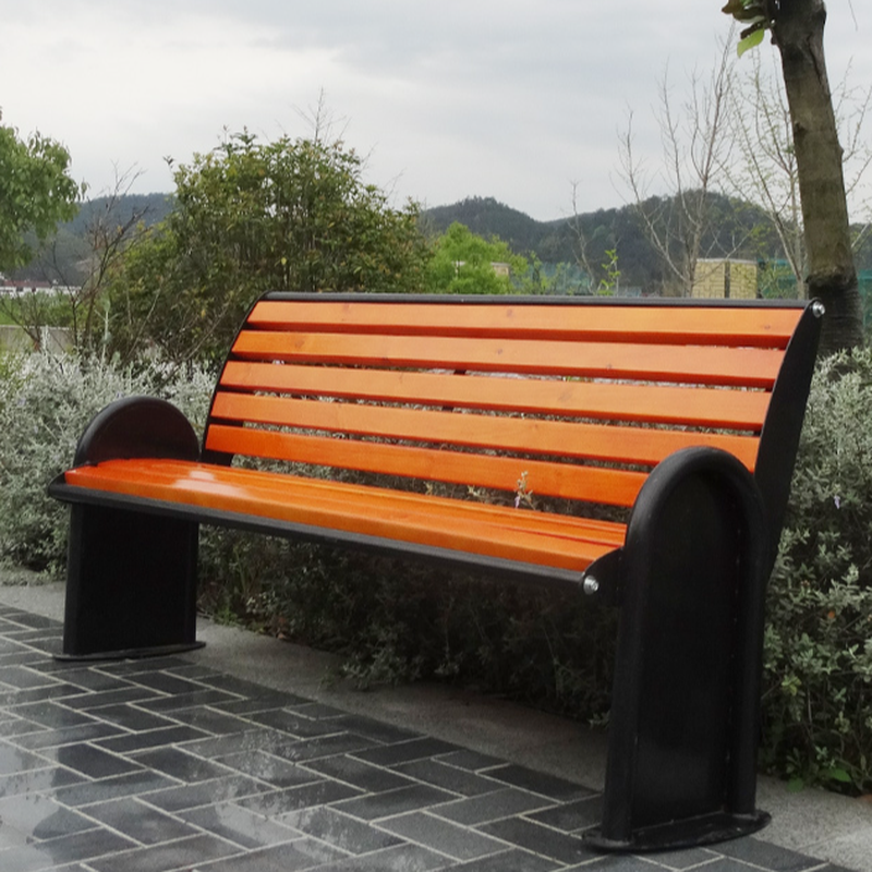Retro Engineered Wood Outdoor Bench in Wood Grain with Back and Curved Arm