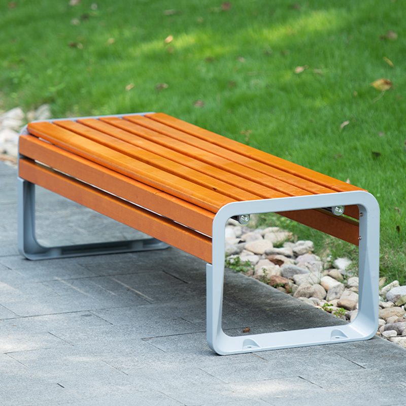 Retro Outdoor Bench in Tan with Back and Metal Frame