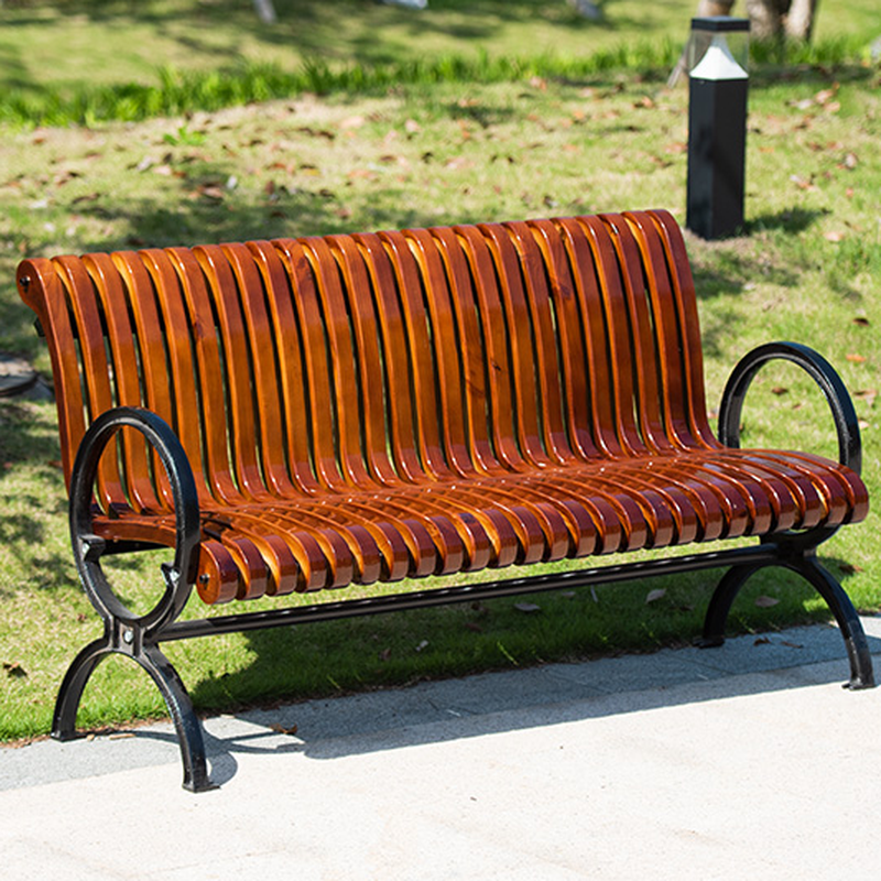 Simple Outdoor Bench with Engineered Wood in Sepia, Featuring Back, Curved Arm, and Curved Seat