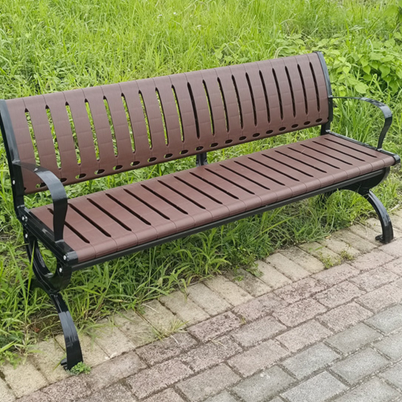 Simple Outdoor Bench in Sepia with Back, Stainless Steel Frame, Curved Arm, and Curved Seat