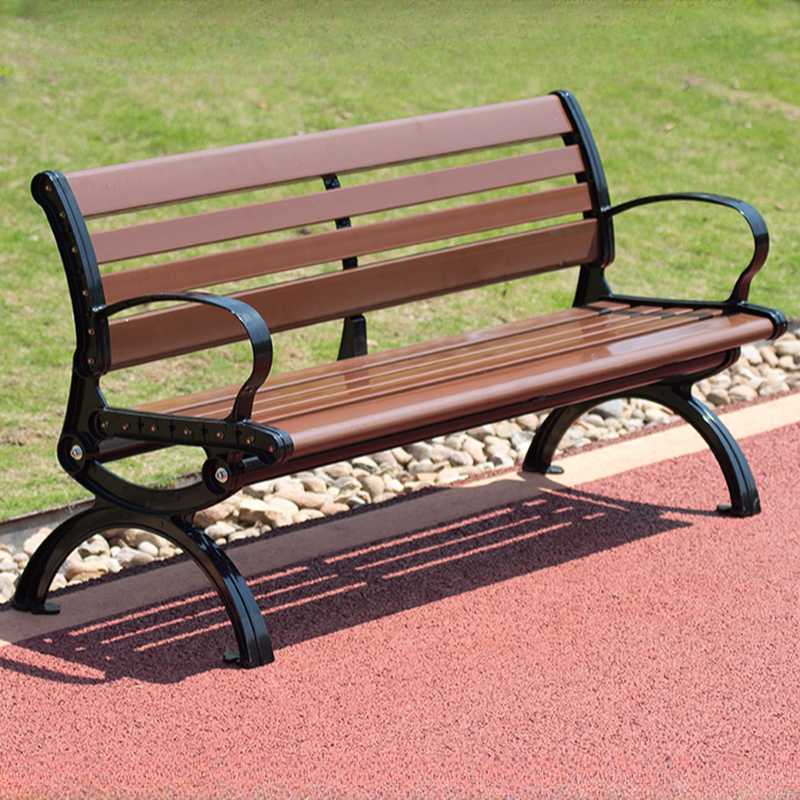 Simple Outdoor Bench in Yellow/Sepia with Back, Metal Frame, and Curved Arm