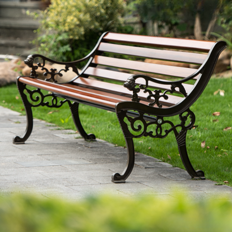 Simple Outdoor Bench with Engineered Wood/Aluminum in Yellow/Sepia, Featuring Back and Curved Arm