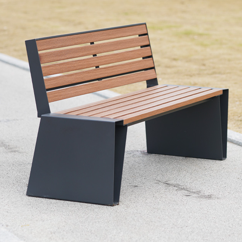 Simple Outdoor Bench with Engineered Wood in Yellow/Sepia/Orange, Featuring Back and Curved Arm