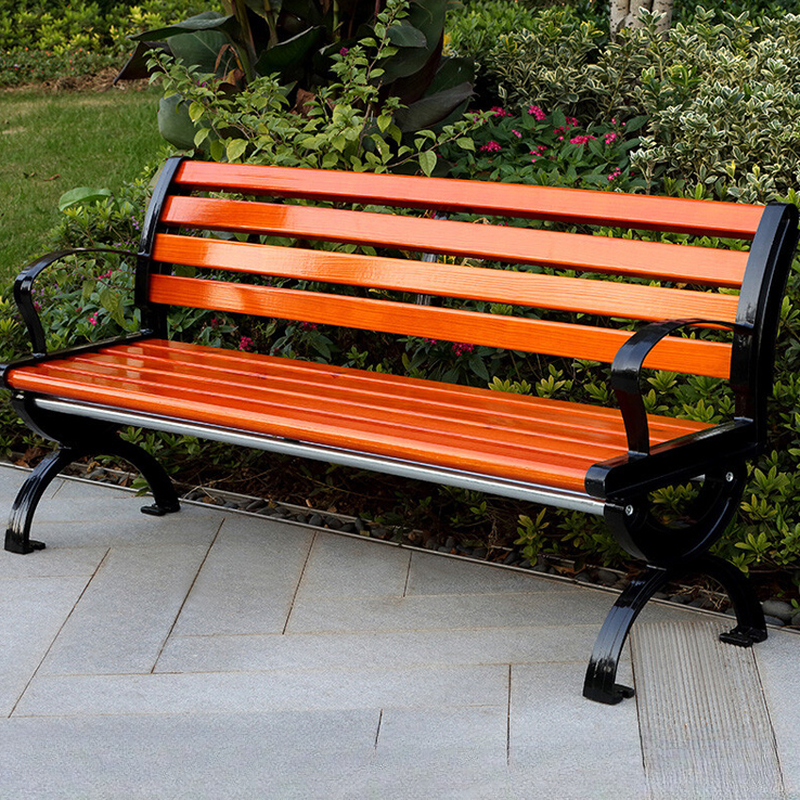 Simple Tan Outdoor Bench with Engineered Wood, Back, and Curved Arm