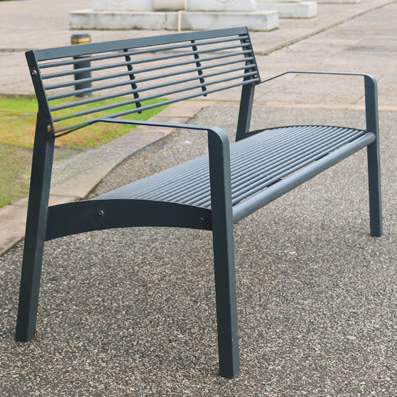 Simple Black Iron Outdoor Bench with Back and Curved Arm