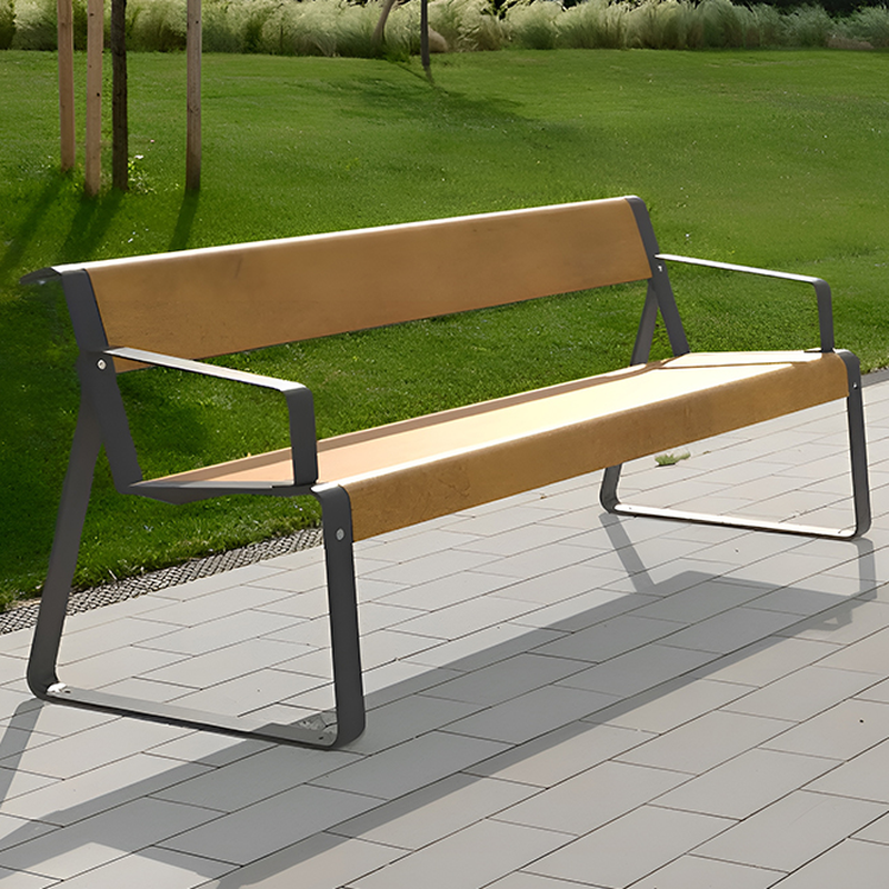 Simple Steel Outdoor Bench with Back, Curved Arm, and Curved Seat