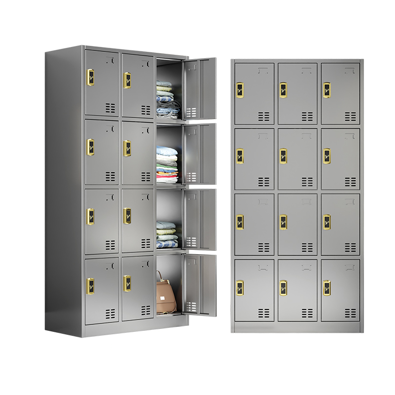 Metallic Stainless Steel 3-layer/4-layer Gym & Locker Room Lockers with Shoe Storage, Ventilated/Louvered Doors, Nine Compartments/10 or More Compartments, and 3-Wide