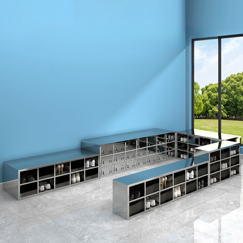 Metallic Stainless Steel 3-layer/2-layer Employee Lockers with Shoe Storage, Open Face Doors, 5-Wide or more/4-Wide/3-Wide Compartments, and Bench