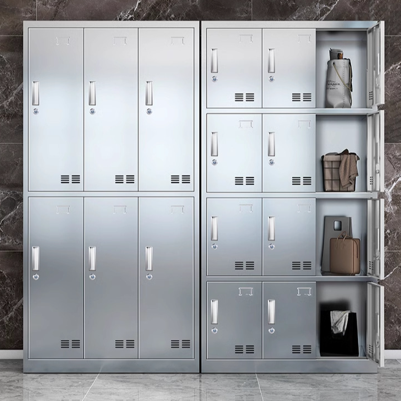 Metallic Stainless Steel 5 Tiers/2-layer/3-layer Employee Lockers with Shoe Storage, Louvered Doors, 10 or More/Nine/Eight Compartments, and 3-Wide/2-Wide