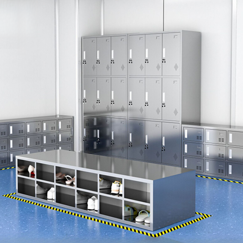 Metallic Stainless Steel 3-layer/2-layer Employee Lockers with Shoe Storage, Open Face Door, 10 or More Compartments/6 Compartments/Nine Compartments, and 5-Wide or more/3-Wide/4-Wide